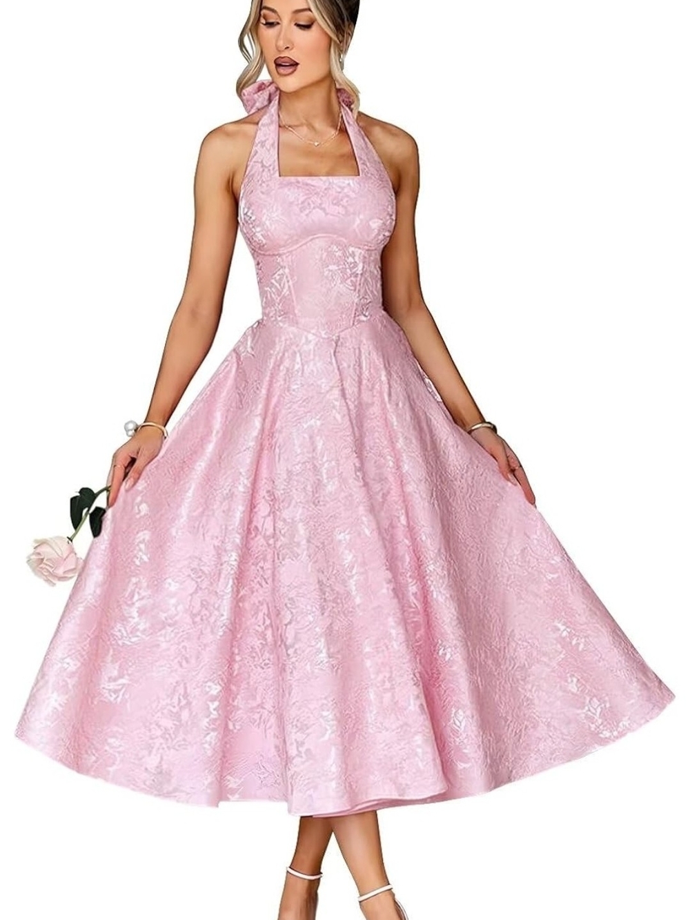 Elegant Pink Halter Midi Dress